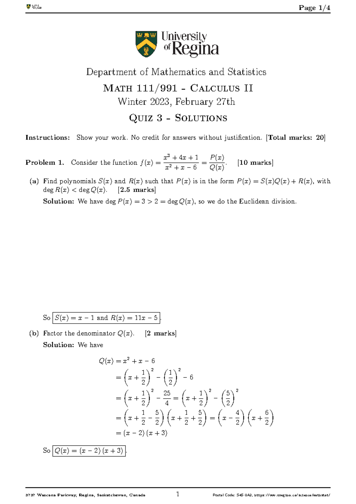 Math111-W2023-Quiz 3 - Sol - Department of Mathematics and Statistics ...