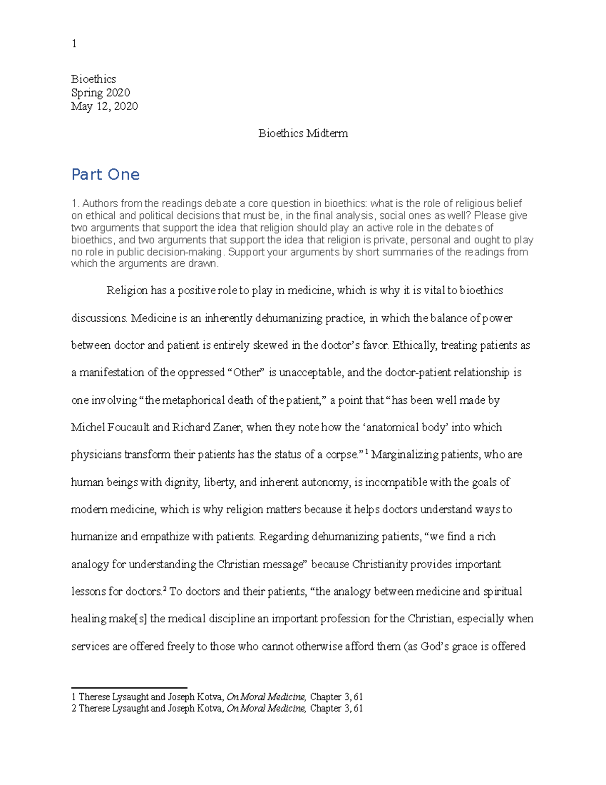 Midterm Exam - Bioethics Spring 2020 May 12, 2020 Bioethics Midterm ...