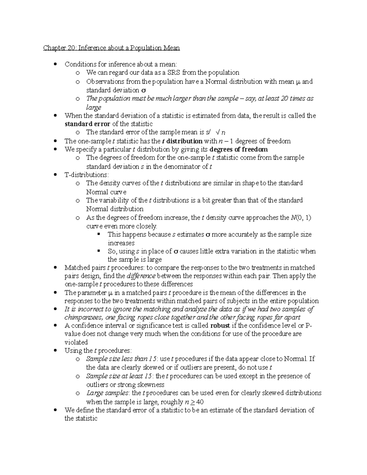 MTH 109 Chapter 20 Notes - Chapter 20: Inference about a Population ...