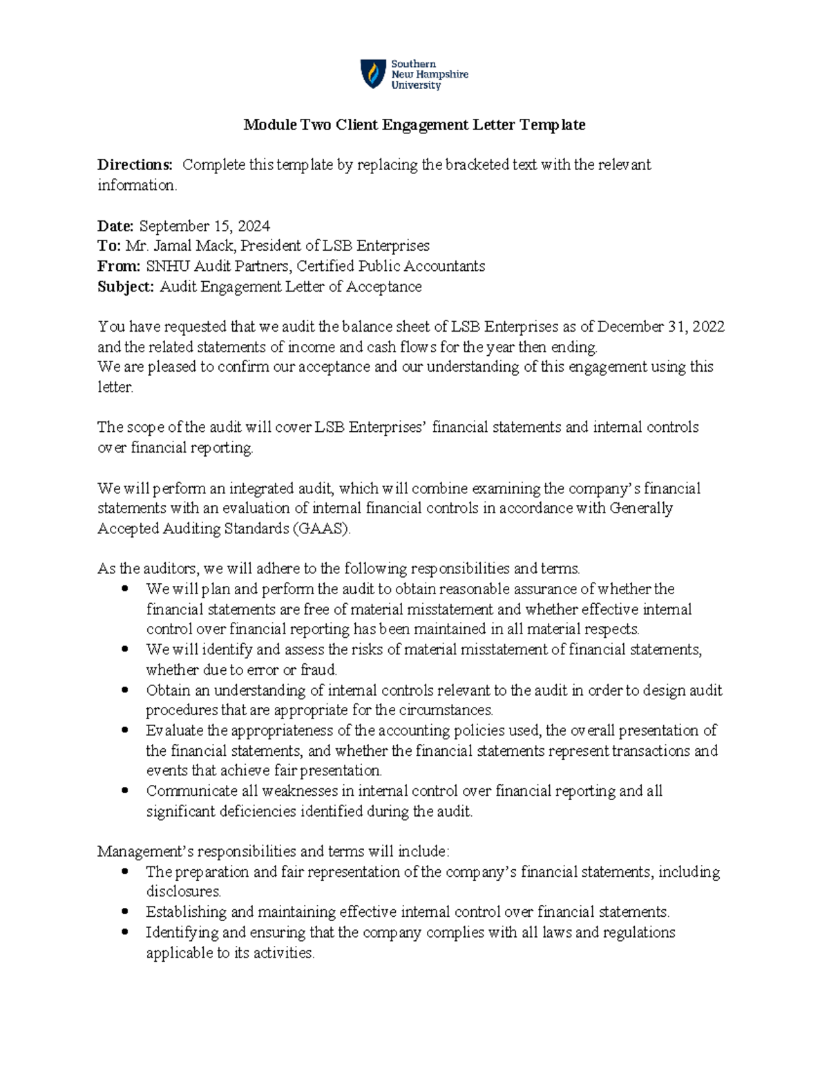 Activity Two - Module Two Client Engagement Letter - Module Two Client ...