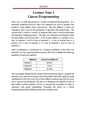 Lecture Note 2 - MGT Lecture Note 2 Linear Programming Universal Claims ...