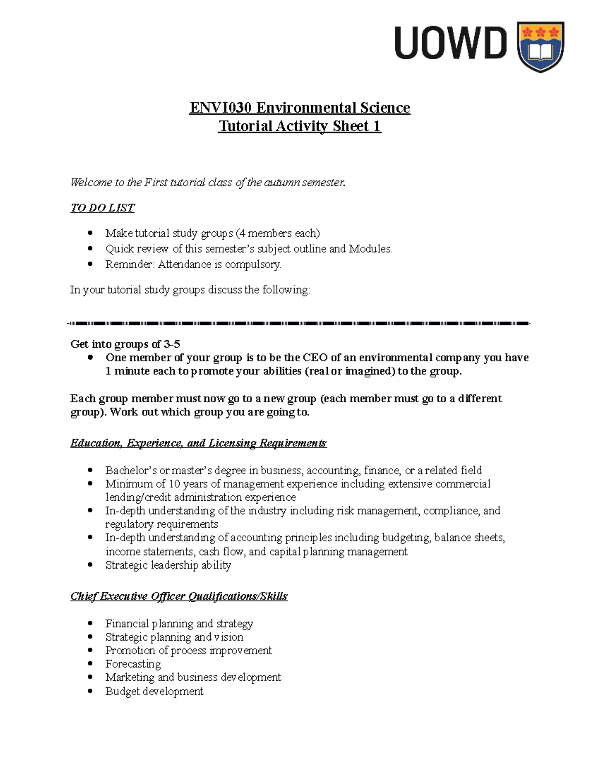 Tutorial 1 - ENVI030 Environmental Science Tutorial Activity Sheet 1 ...