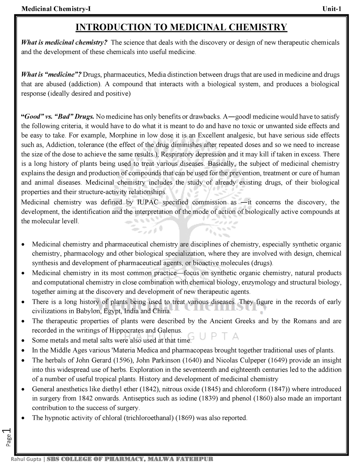 Unit-1 Medicinal Chemistry-1 - Page 1 INTRODUCTION TO MEDICINAL ...