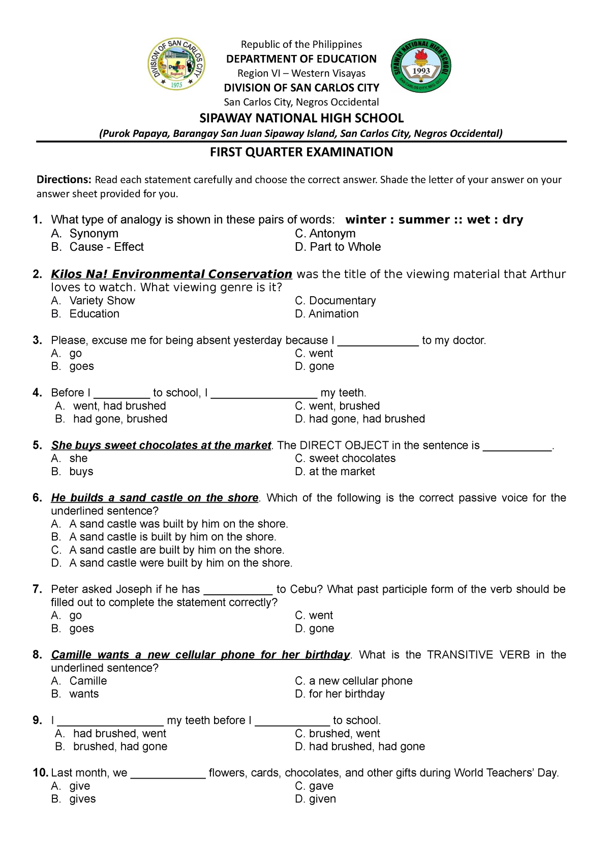 First Periodical Test - Republic Of The Philippines DEPARTMENT OF ...