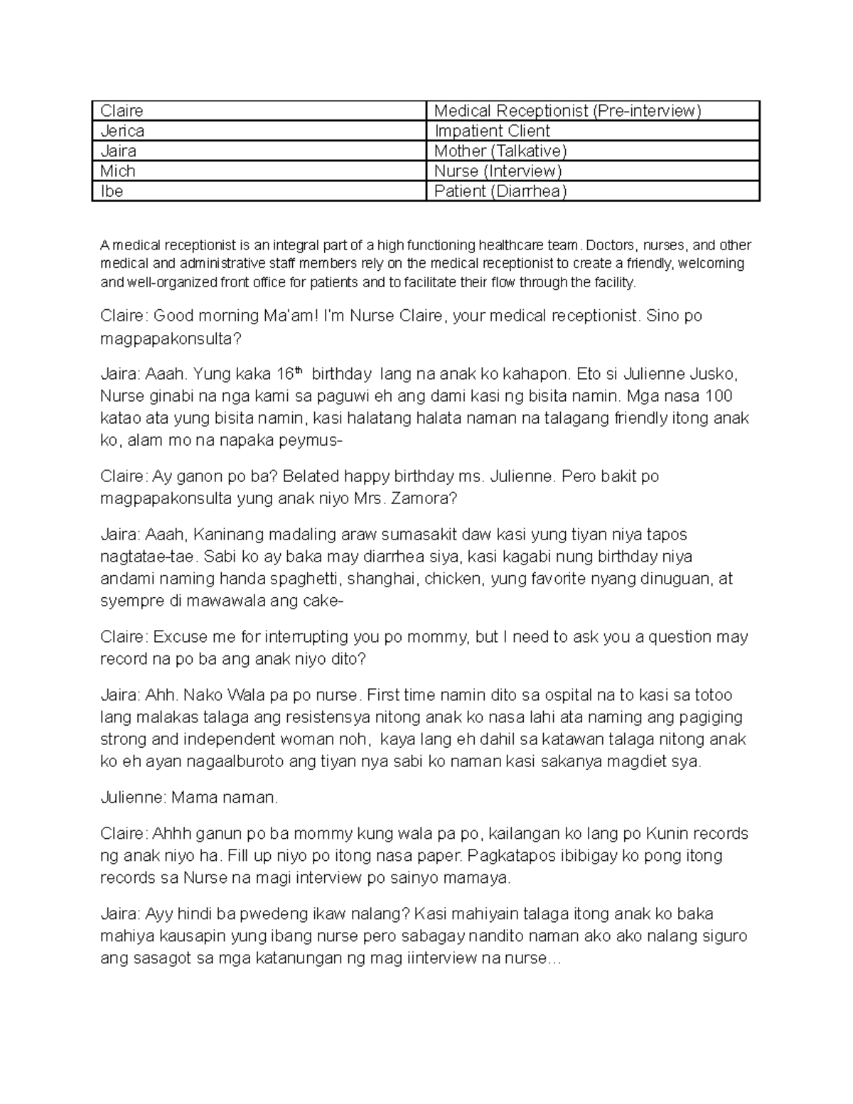 Script on HA Legaspi - None - Nursing in Health & Illness III (VNSG ...