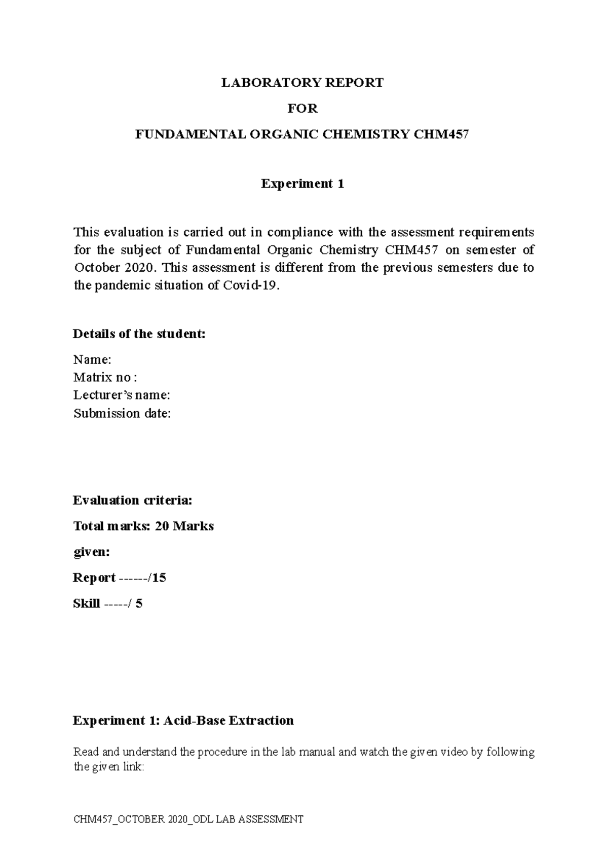 Lab Report Experiment 1 CHM457 organic chemistry UiTM Studocu