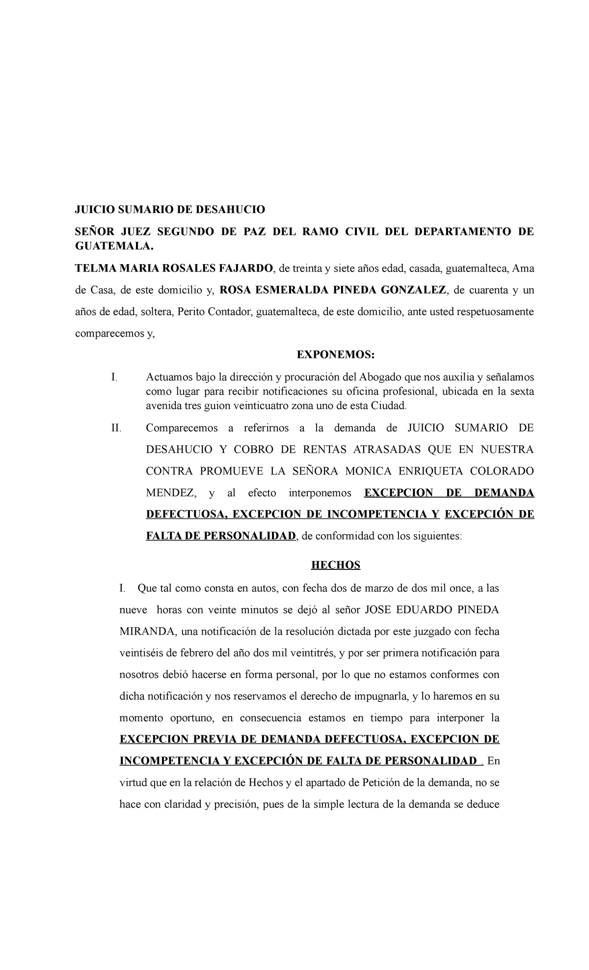 Demanda DE Juicio Sumario - JUICIO SUMARIO DE DESAHUCIO SEÑOR JUEZ ...