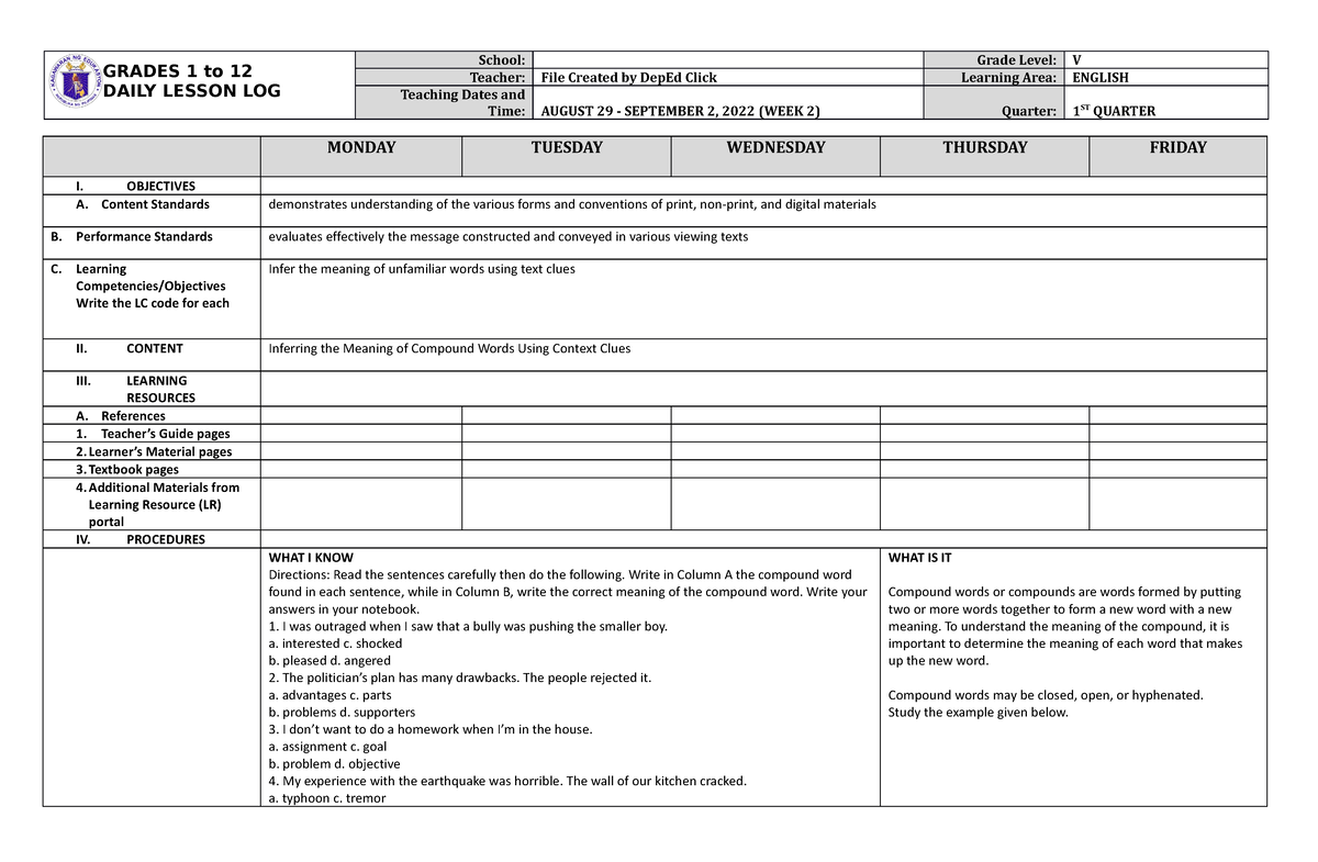 DLL English 5 Q1 W2 - Daily Lesson Log - GRADES 1 To 12 DAILY LESSON ...