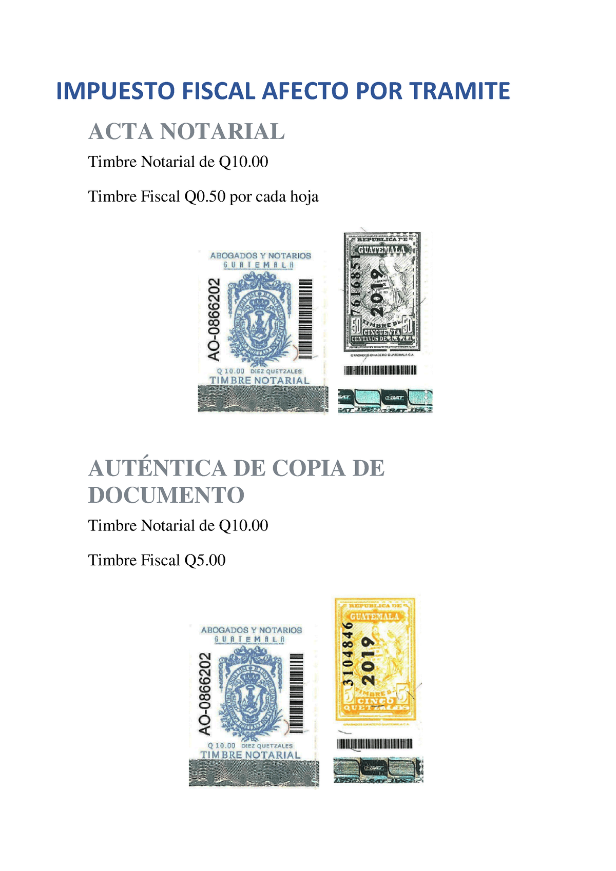 Timbres Impuesto Fiscal Afecto Por Tramite Acta Notarial Timbre