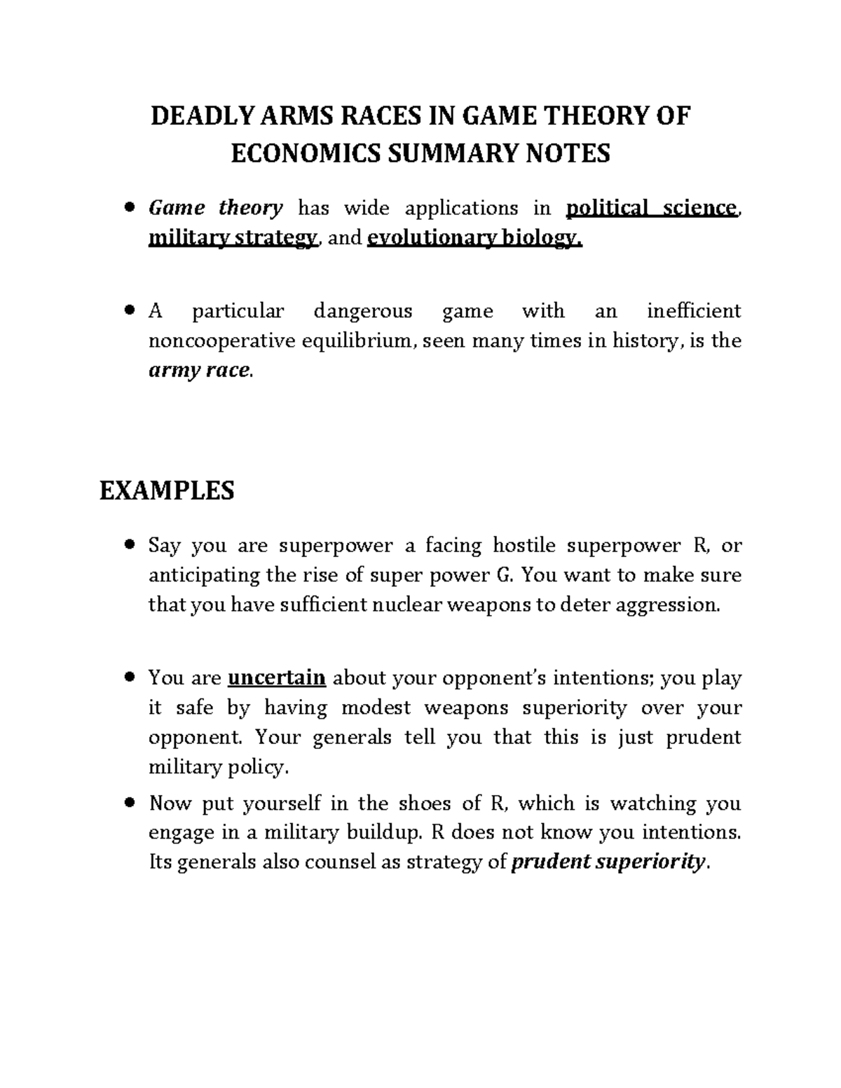 Deadly Arms Races in Game Theory of Economics Summary Notes DEADLY