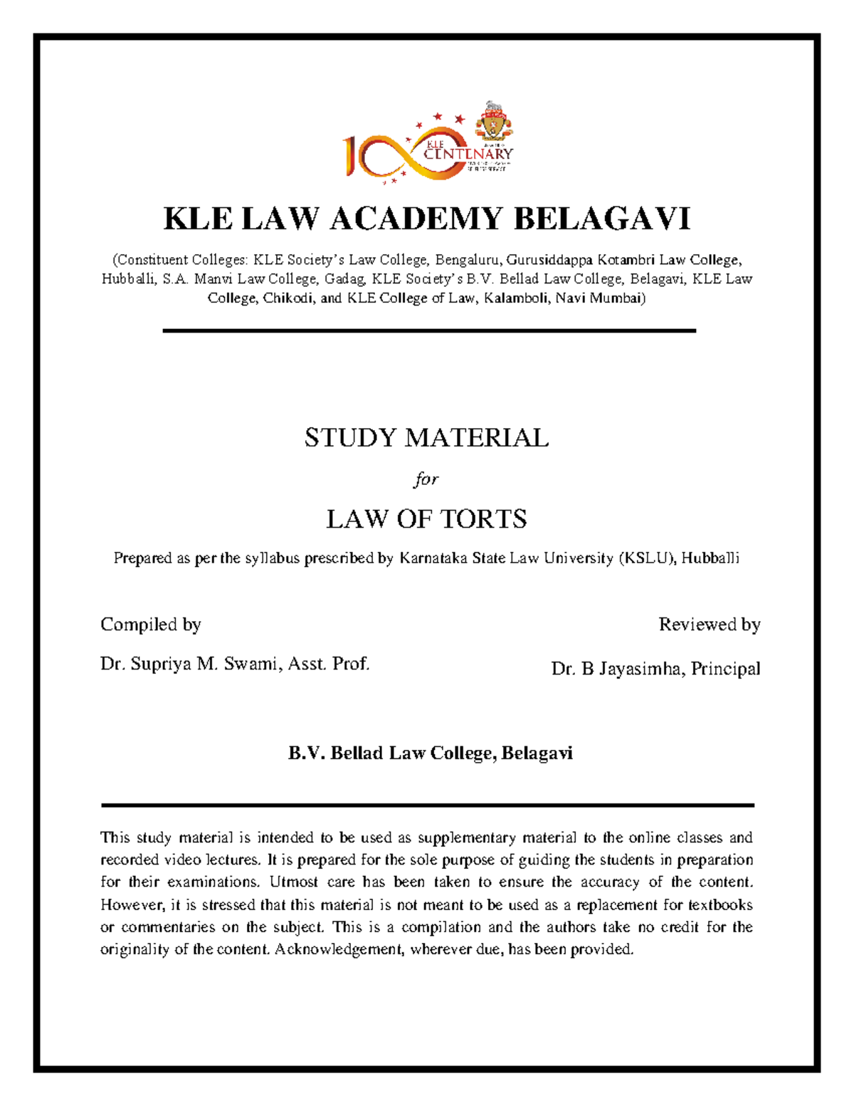 KLE Law of Torts study material KLE LAW ACADEMY BELAGAVI