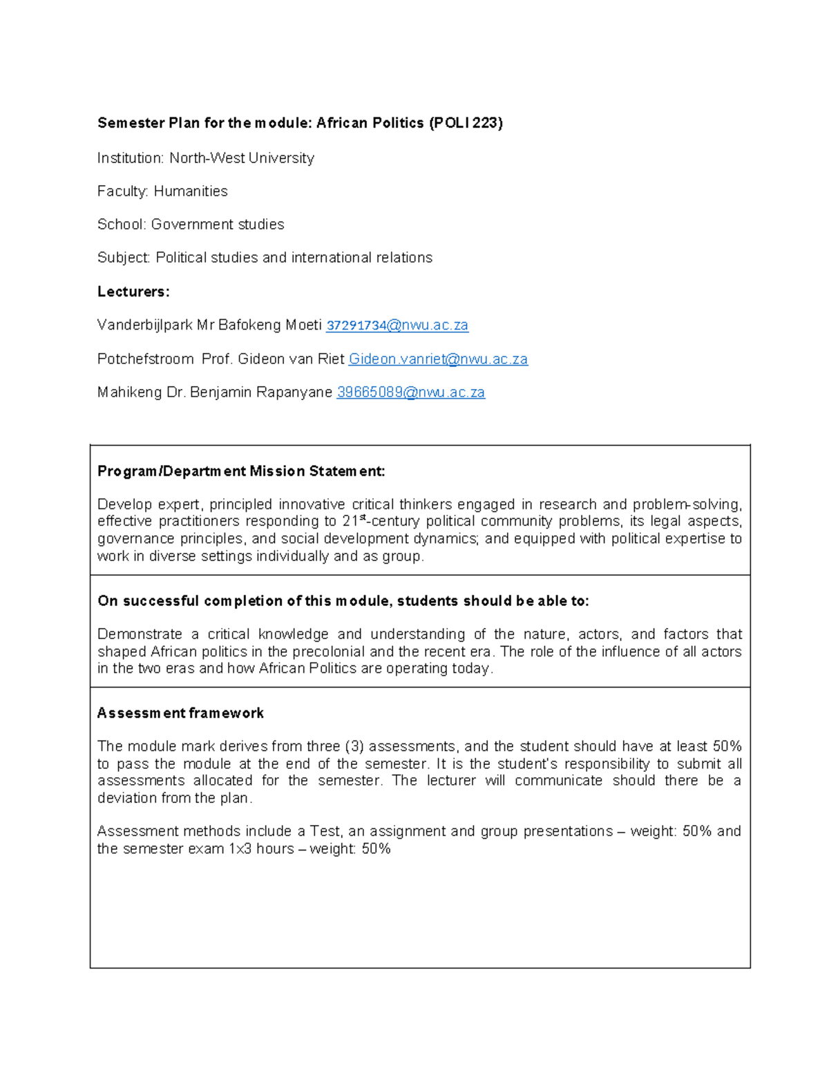 2023 POLI223 Semester Plan Final - Semester Plan for the module ...