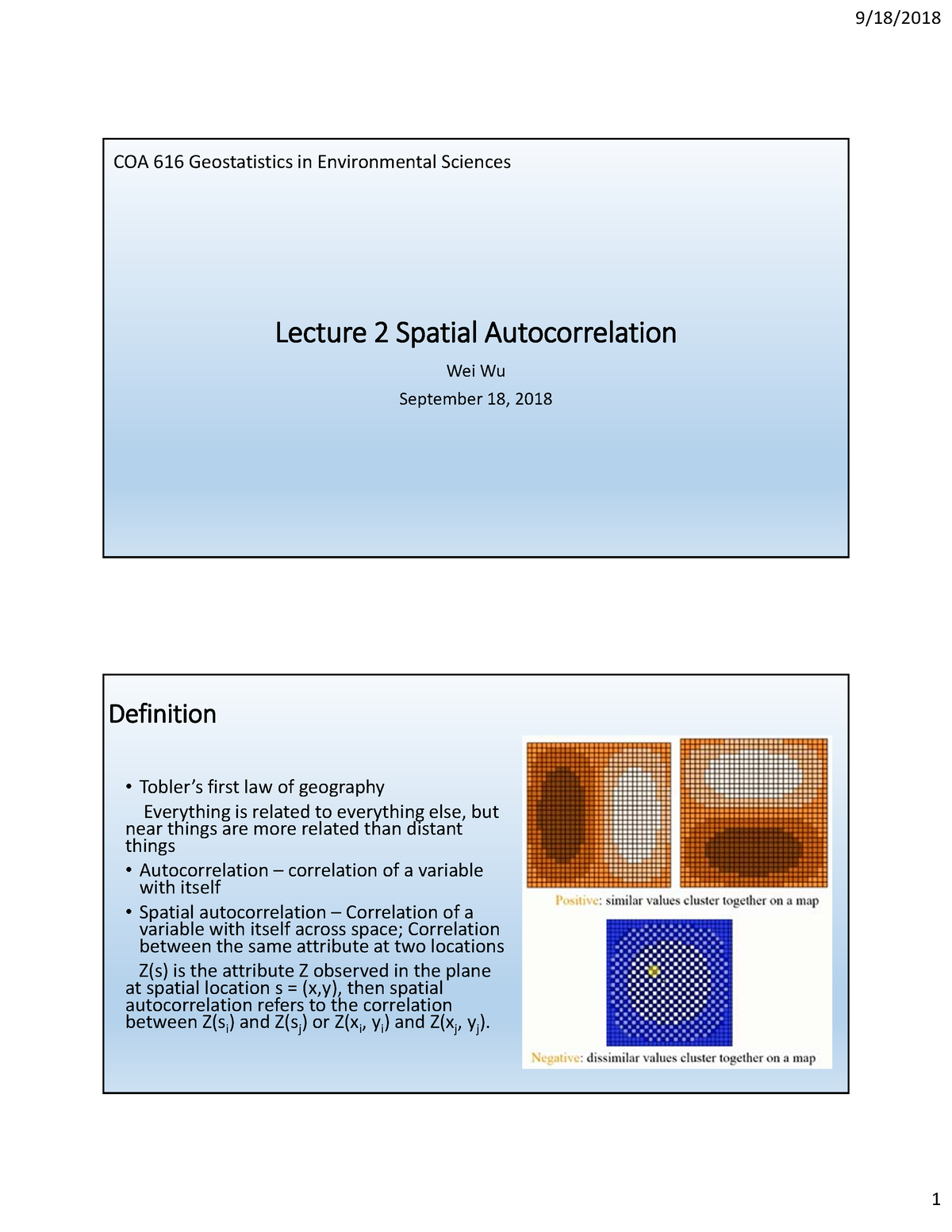 Lecture 2 - Spatial Autocorrelation - Lecture 2 Spatial Autocorrelation ...