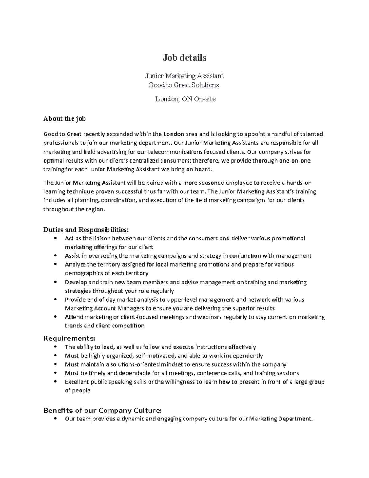 Marketing Management Job post - Job details Junior Marketing Assistant ...