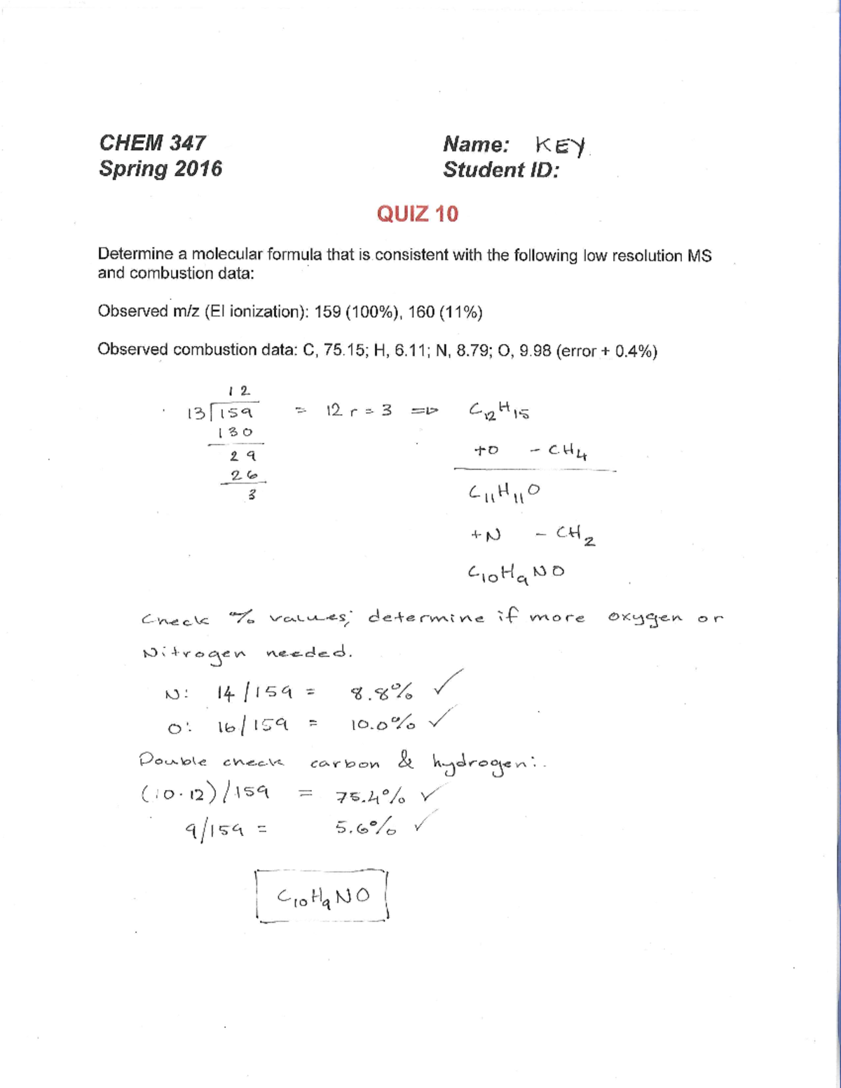 347-quiz-10-key - Quiz questions - Chem 347 - Studocu