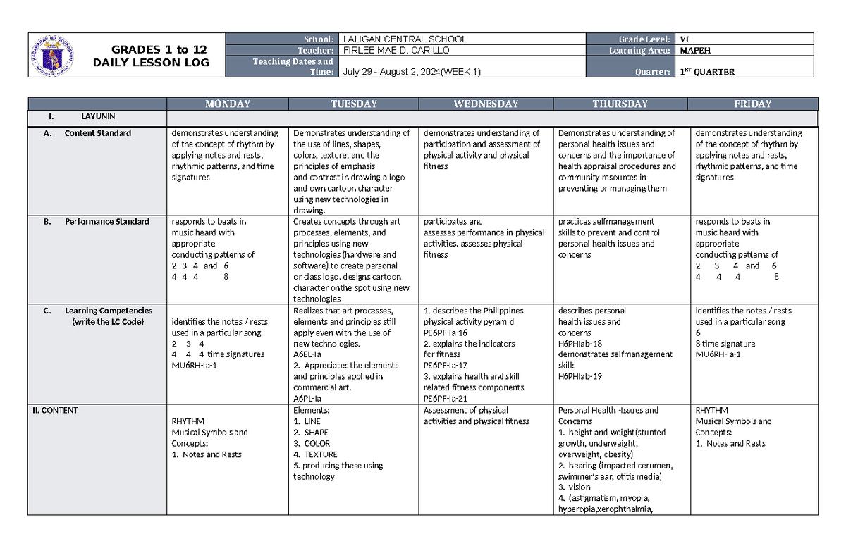 DLL Mapeh 6 Q1 W1 - none - GRADES 1 to 12 DAILY LESSON LOG School ...