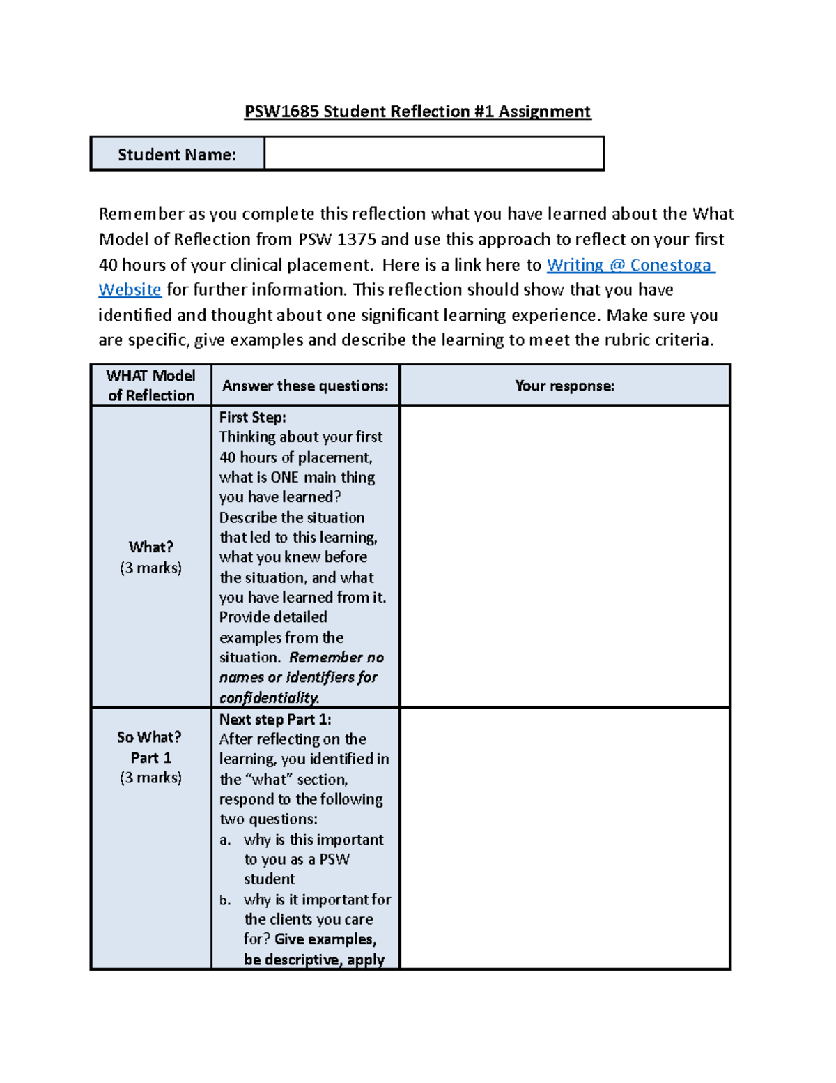 student reflection on assignment