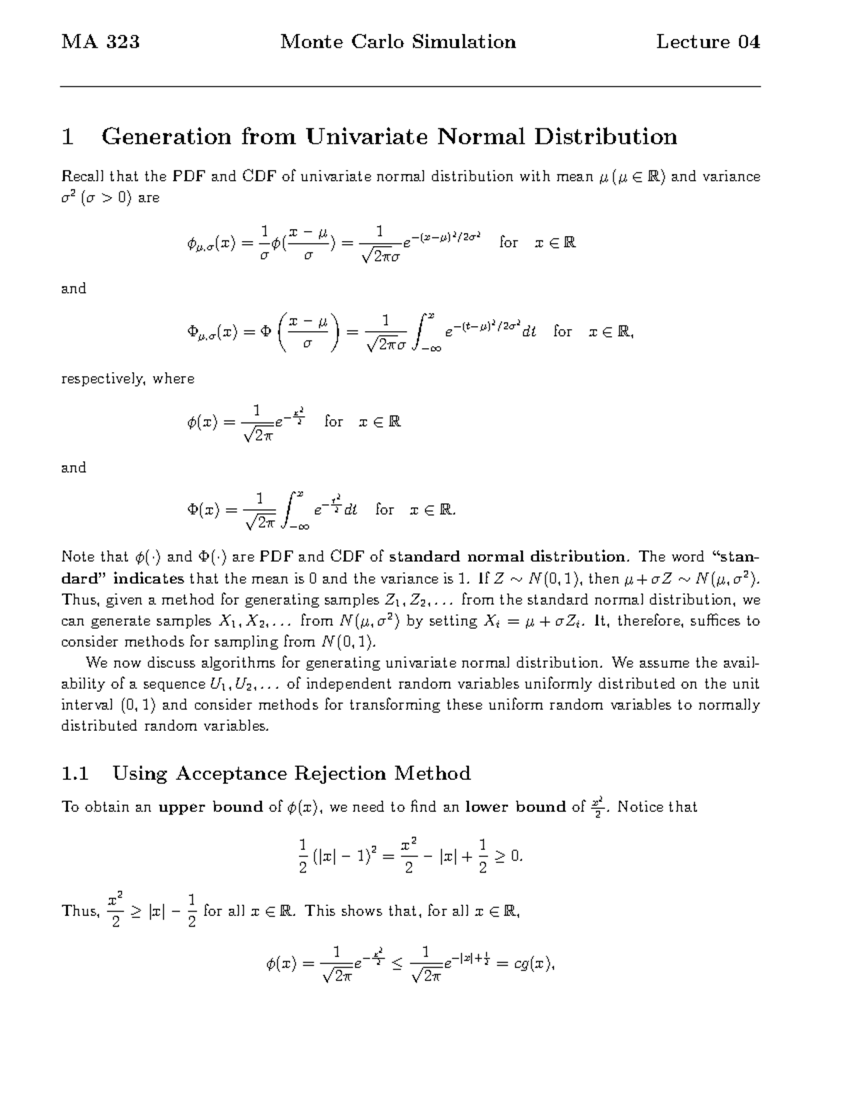 Lecture 04 Monte Carlo Methods Ma 323 Monte Carlo Simulation Lecture 04 Monte Carlo Methods Ma 323 Monte Carlo Simulation