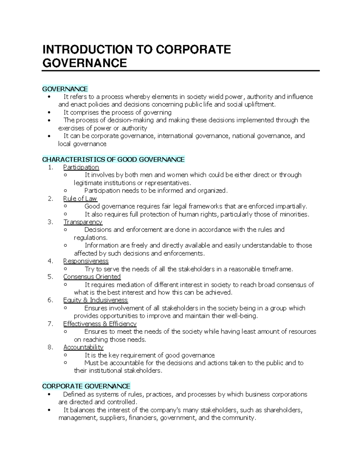 Chapter 1 - Lecture Notes 1 - INTRODUCTION TO CORPORATE GOVERNANCE ...