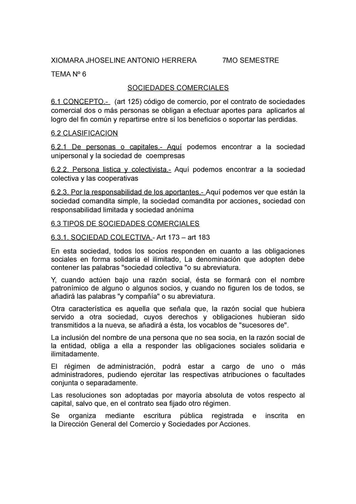 TEMA Nº 6 - derecho comercial sociedades comerciales - XIOMARA JHOSELINE  ANTONIO HERRERA 7MO - Studocu