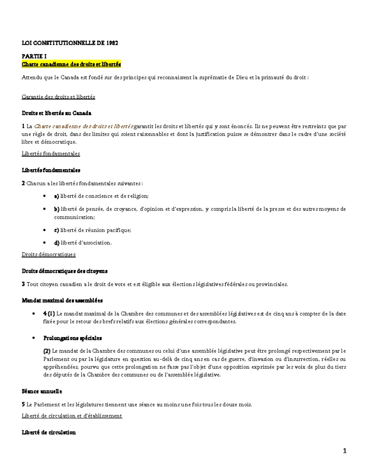 Loi Constitutionnelle De 1982 - LOI CONSTITUTIONNELLE DE 1982 PARTIE I ...
