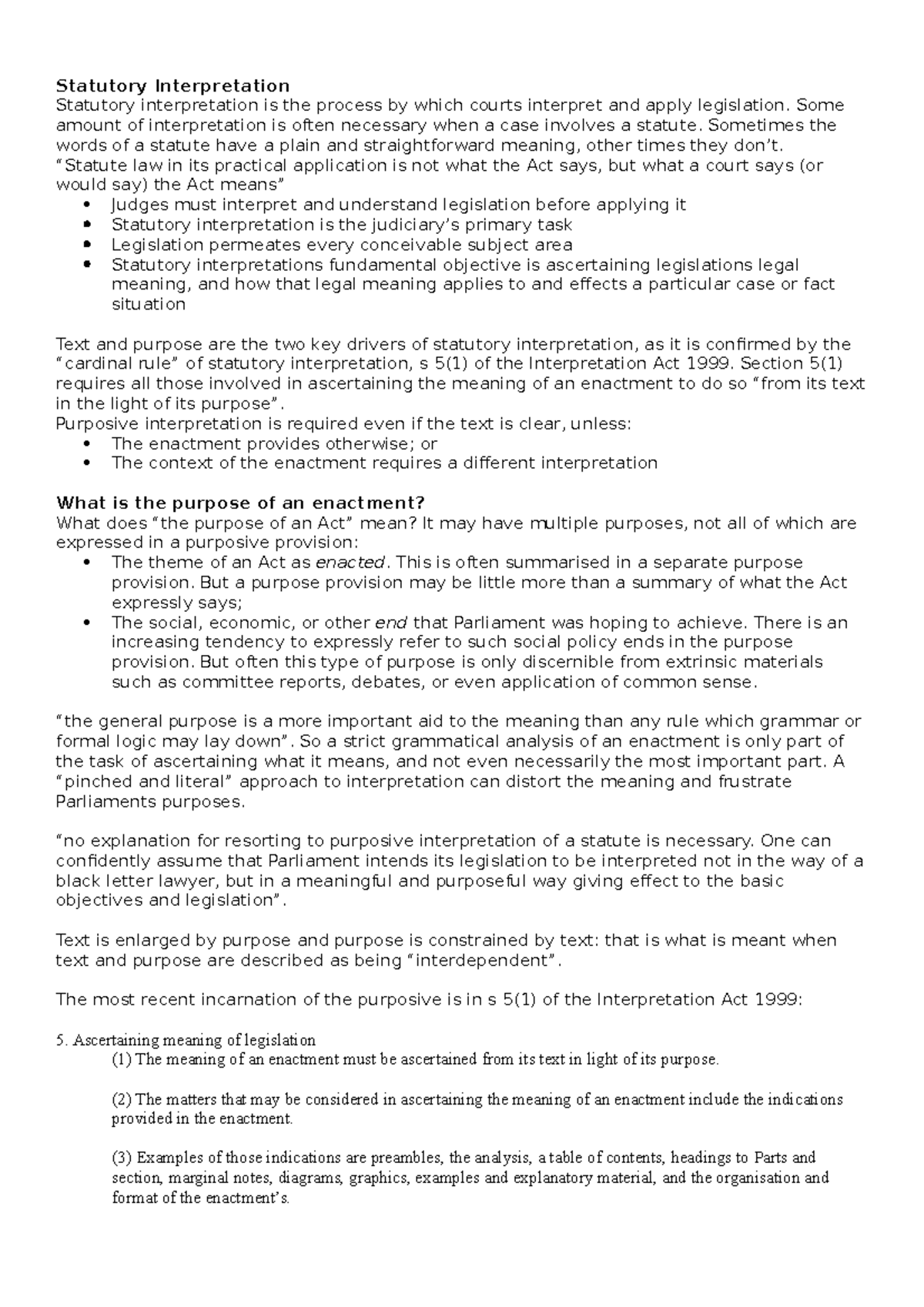 Interpretation Study Notes - Statutory Interpretation Statutory ...