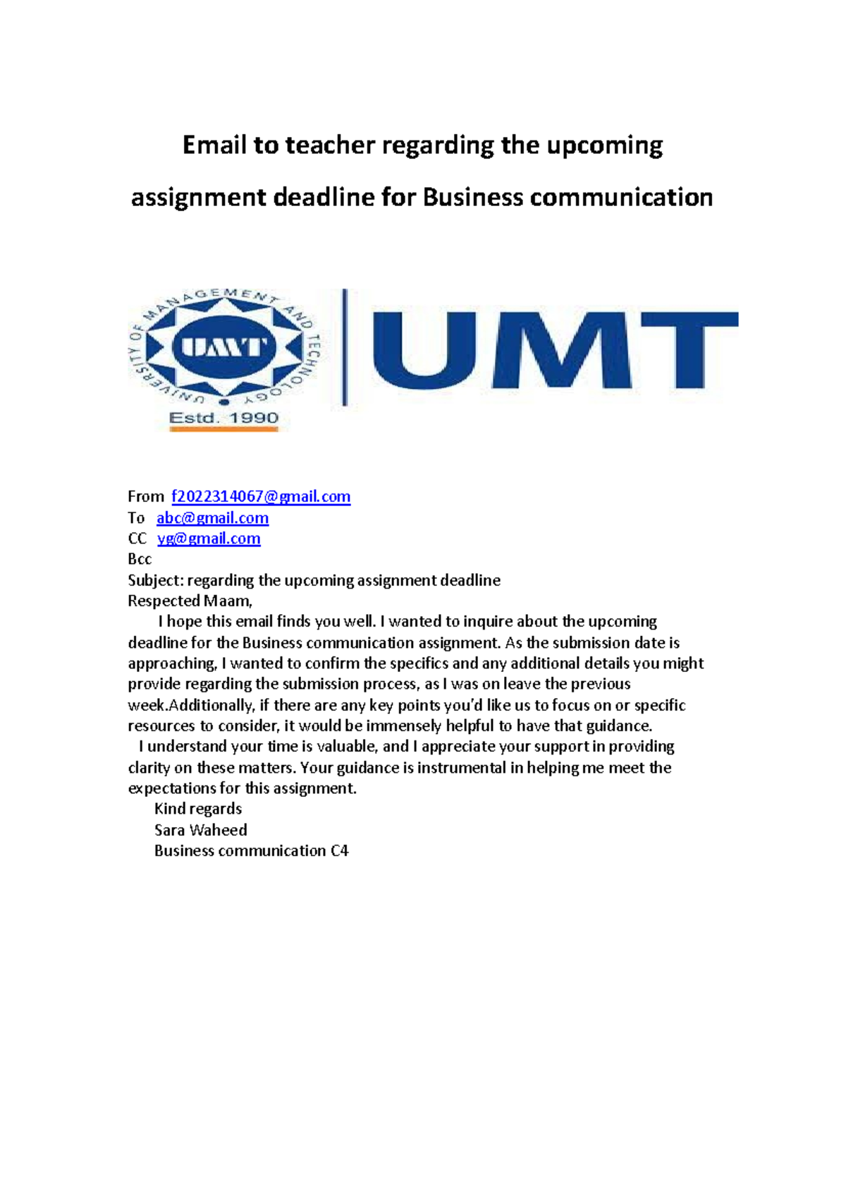 Email to teacher regarding the upcoming assignment pdf - Email to ...