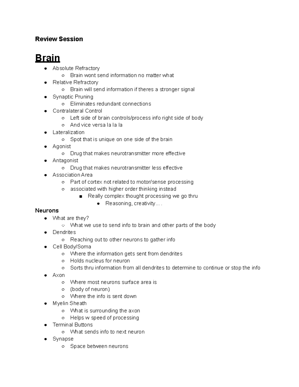 Psych 111 Exam 2 Notes - Review Session Brain Absolute Refractory Brain ...