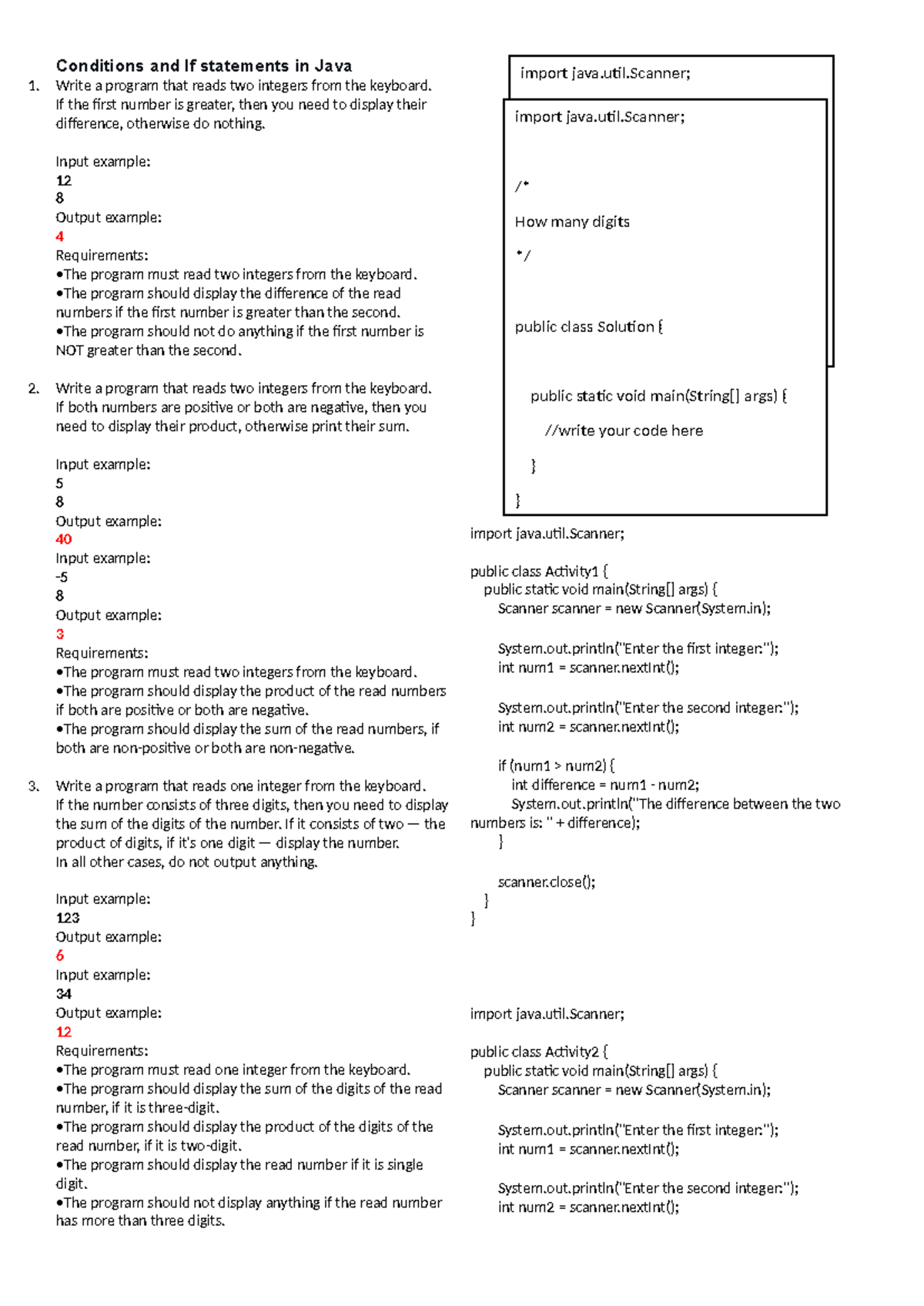 2. Conditions and If statements in Java - Write a program that reads ...