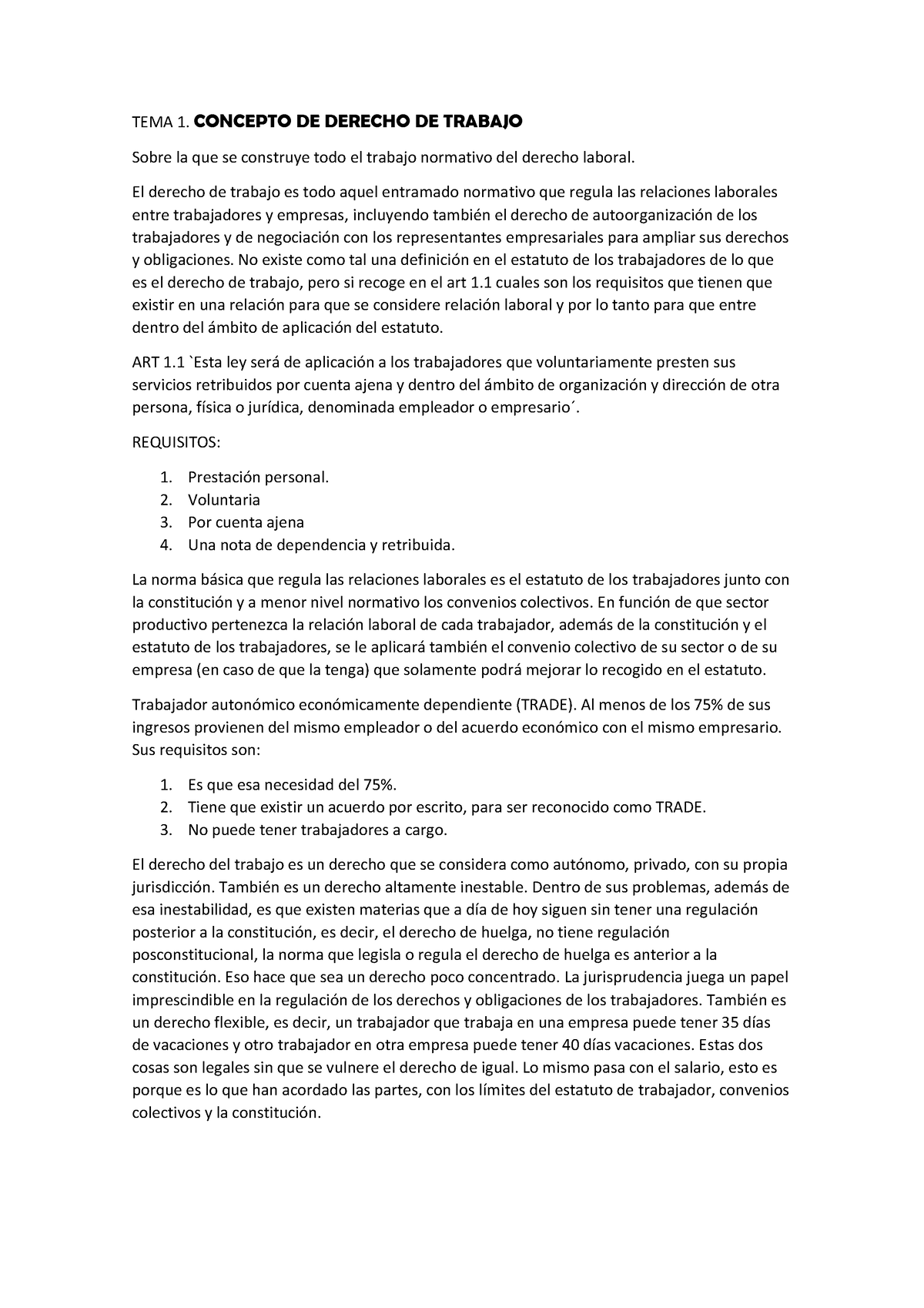 TEMA 1. Laboral - TEMA 1. CONCEPTO DE DERECHO DE TRABAJO Sobre La Que ...