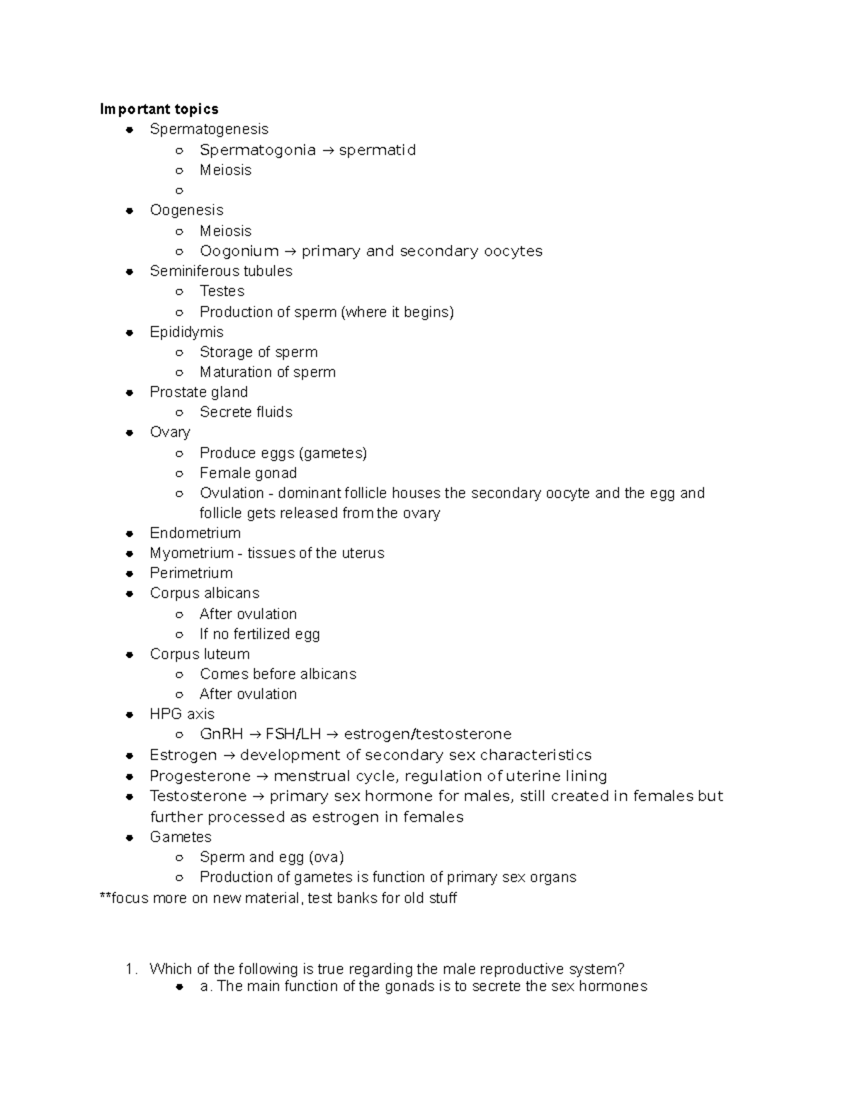 Anatomy final exam SI - Important topics Spermatogenesis Spermatogonia ...