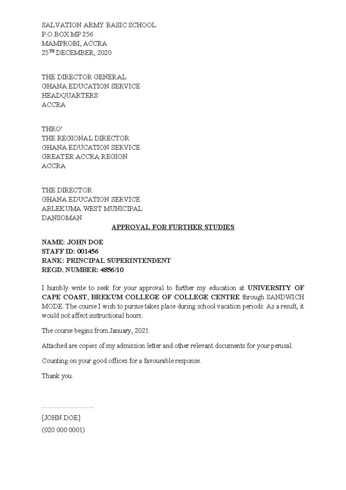 GES Further Studies Letter - SALVATION ARMY BASIC SCHOOL P.O MP 256 ...