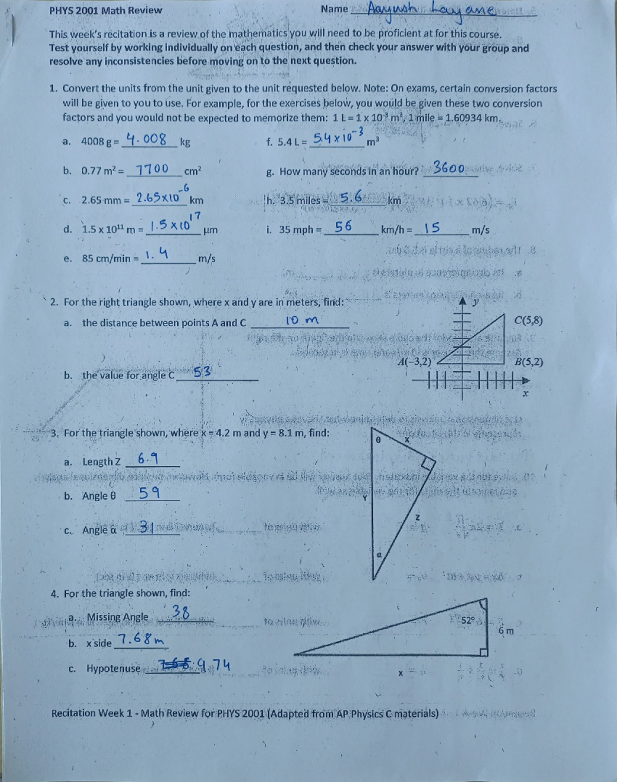 Physics recitation hw week 1 f24 - PHYS 2001 Math Review This week's ...