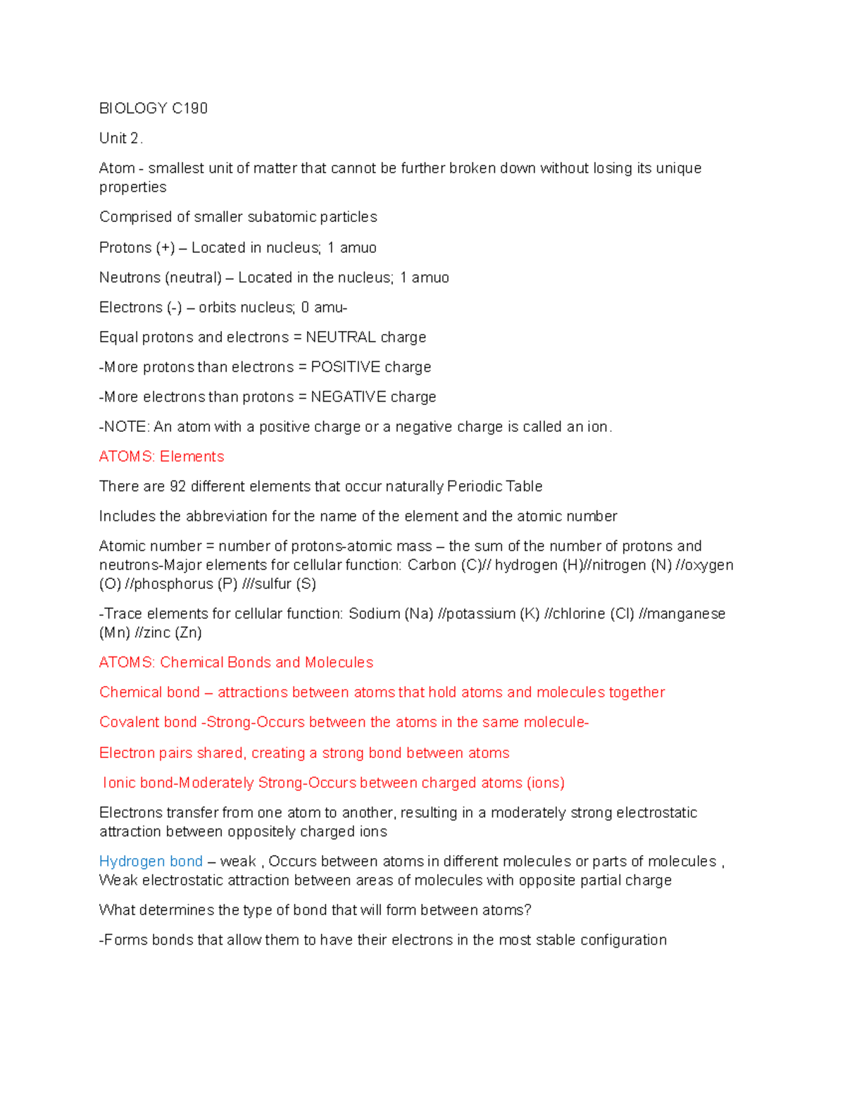 Biology Notes - BIOLOGY C Unit 2. Atom - Smallest Unit Of Matter That ...