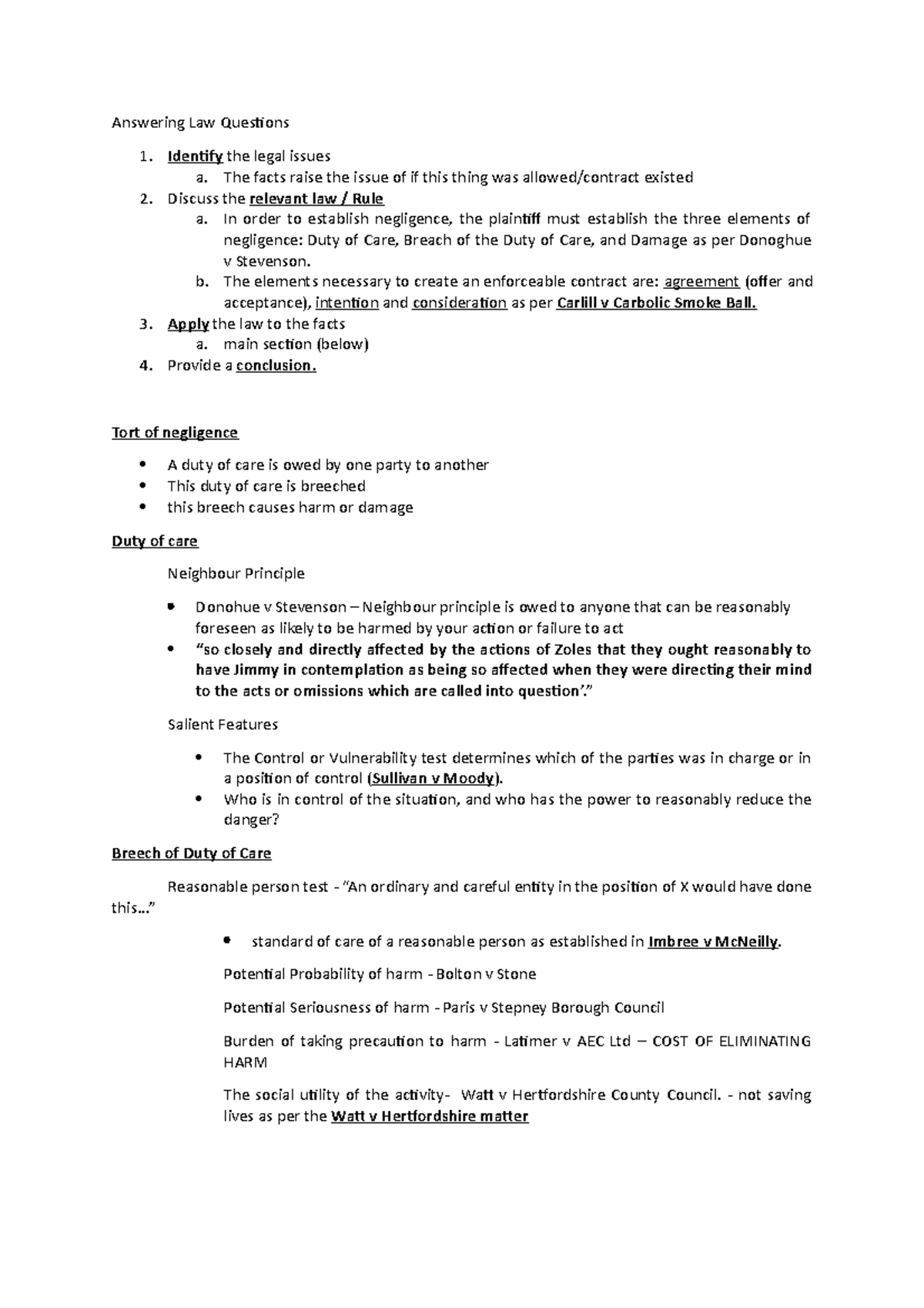 Negligence & Contract Law Cheatsheet - Answering Law Questions 1 ...