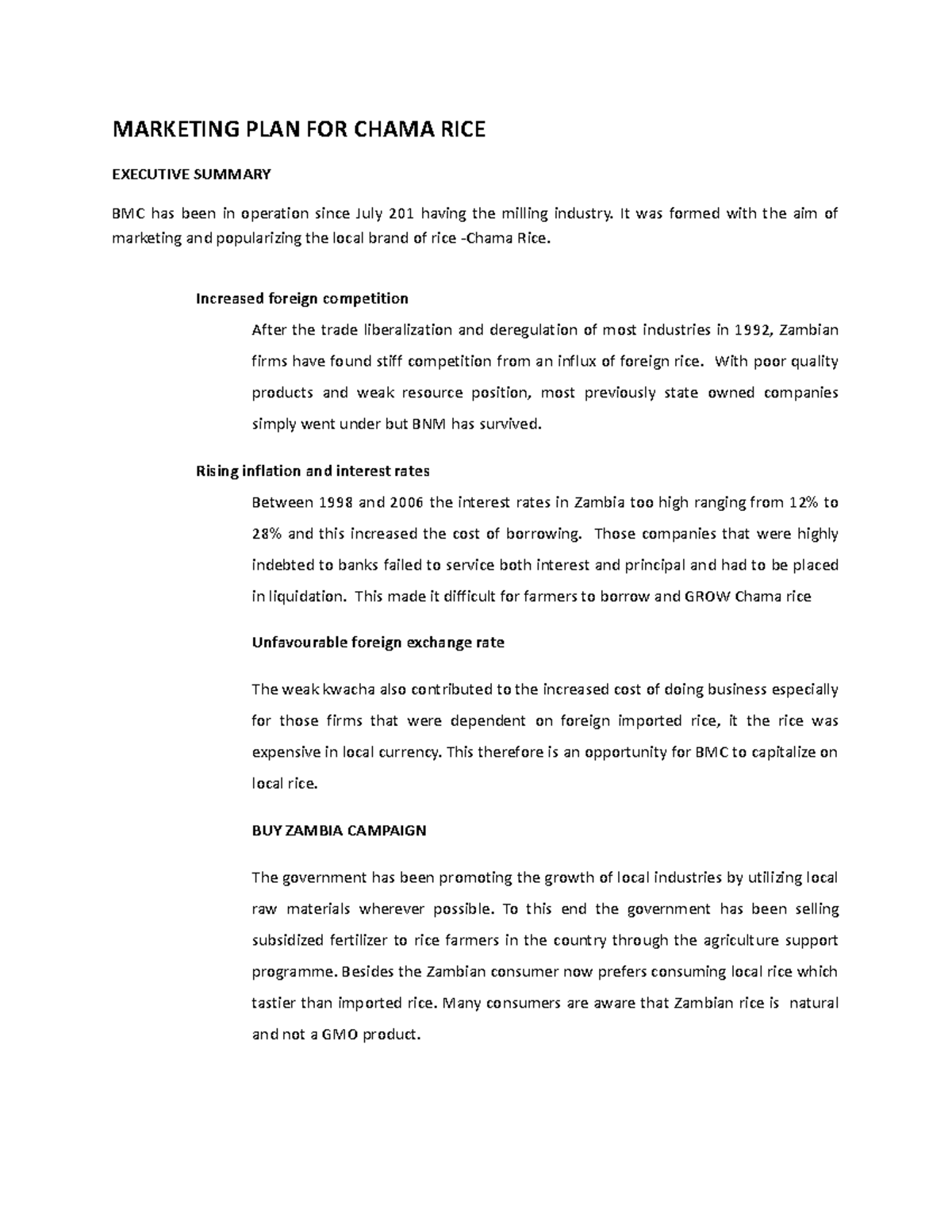 BSM210-FPD-16-2014-1 - MARKETING PLAN FOR CHAMA RICE EXECUTIVE SUMMARY ...