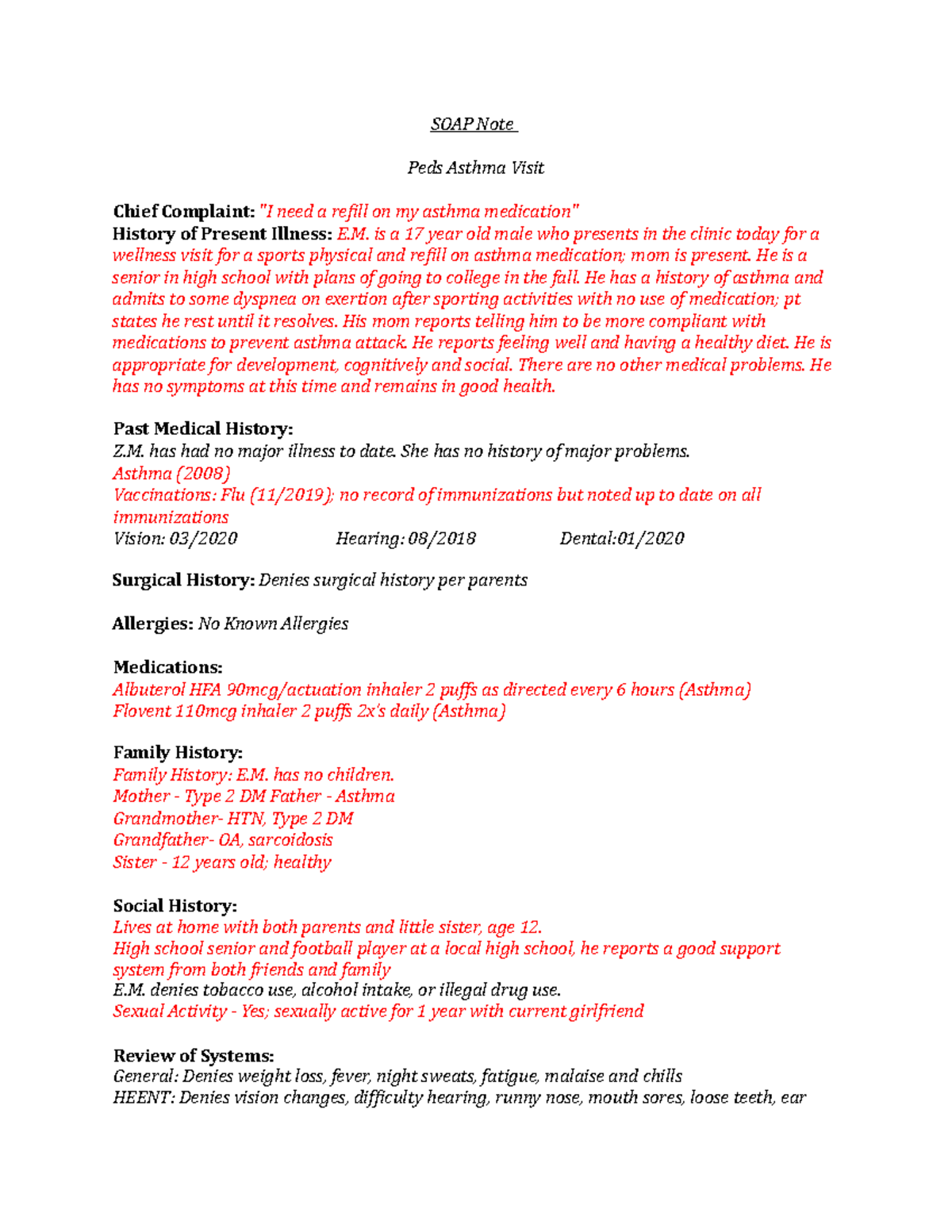 Peds Asthma Soap Note SOAP Note Peds Asthma Visit Chief Complaint 