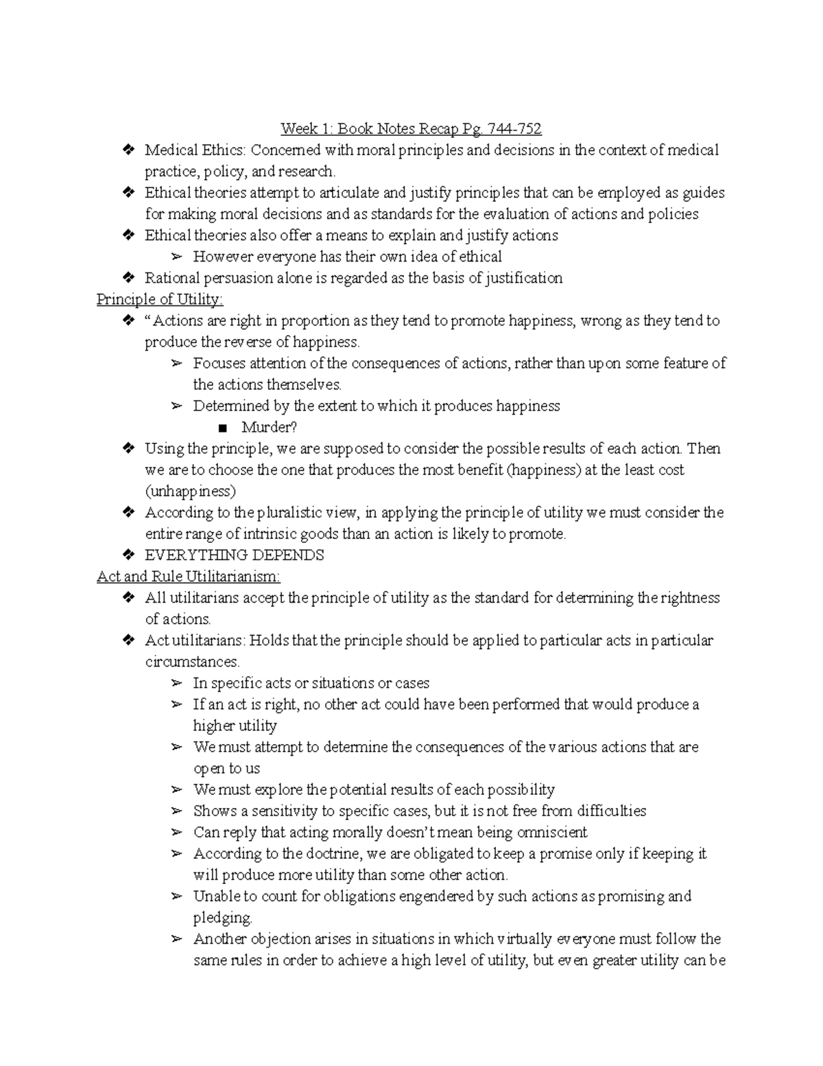 Week 1 Book Notes - Week 1: Book Notes Recap Pg. 744- Medical Ethics ...