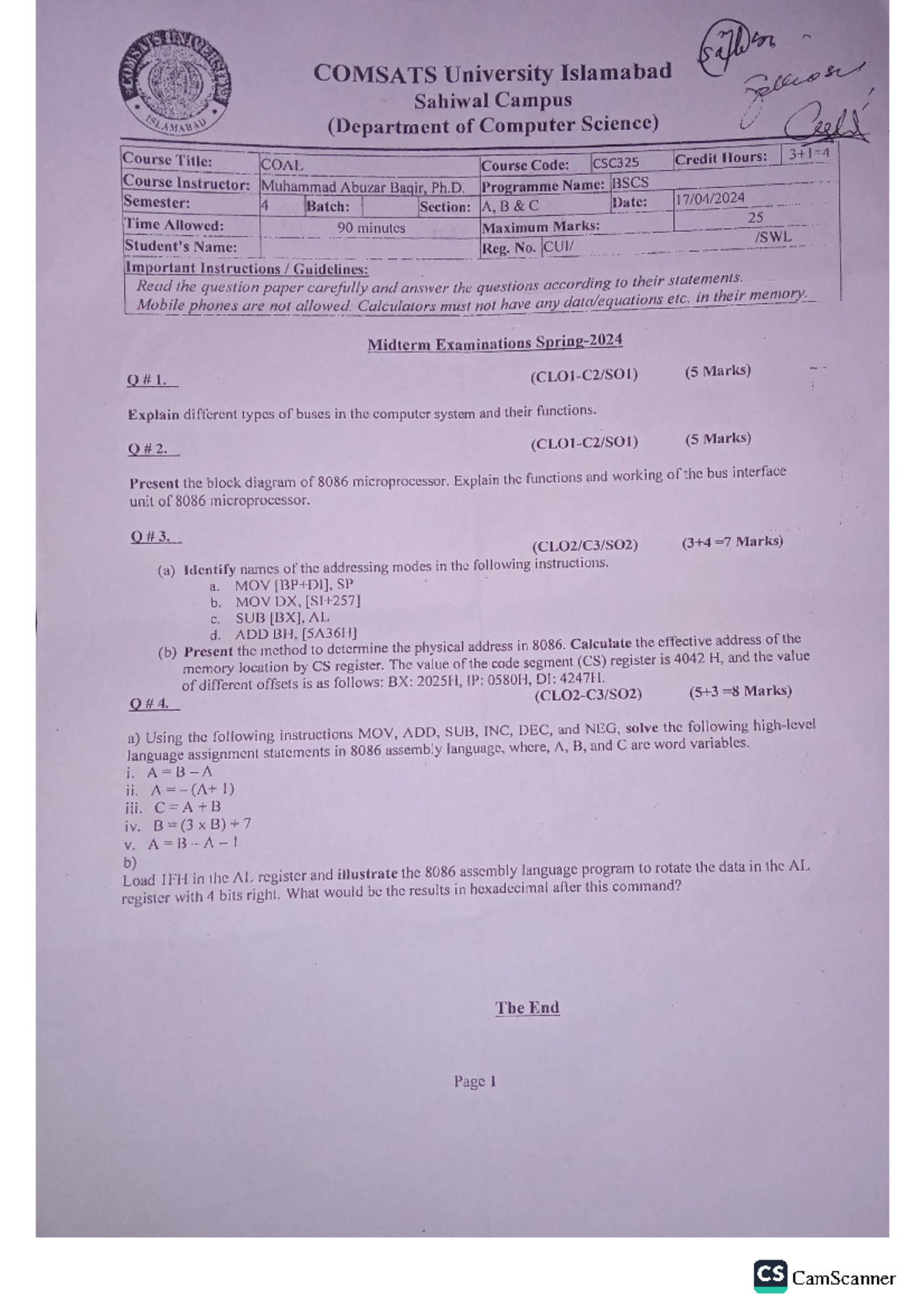 COAL - Mid Term - CSC325 - 2024 - DEPARTMENT LEN! Fifter COMSATS ...