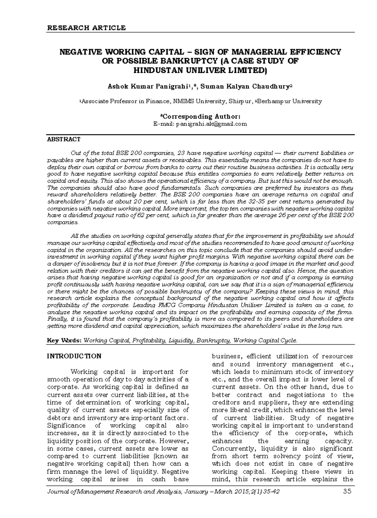 JMRA Vol 2(1) 3542 Notes RESEARCH ARTICLE NEGATIVE WORKING CAPITAL