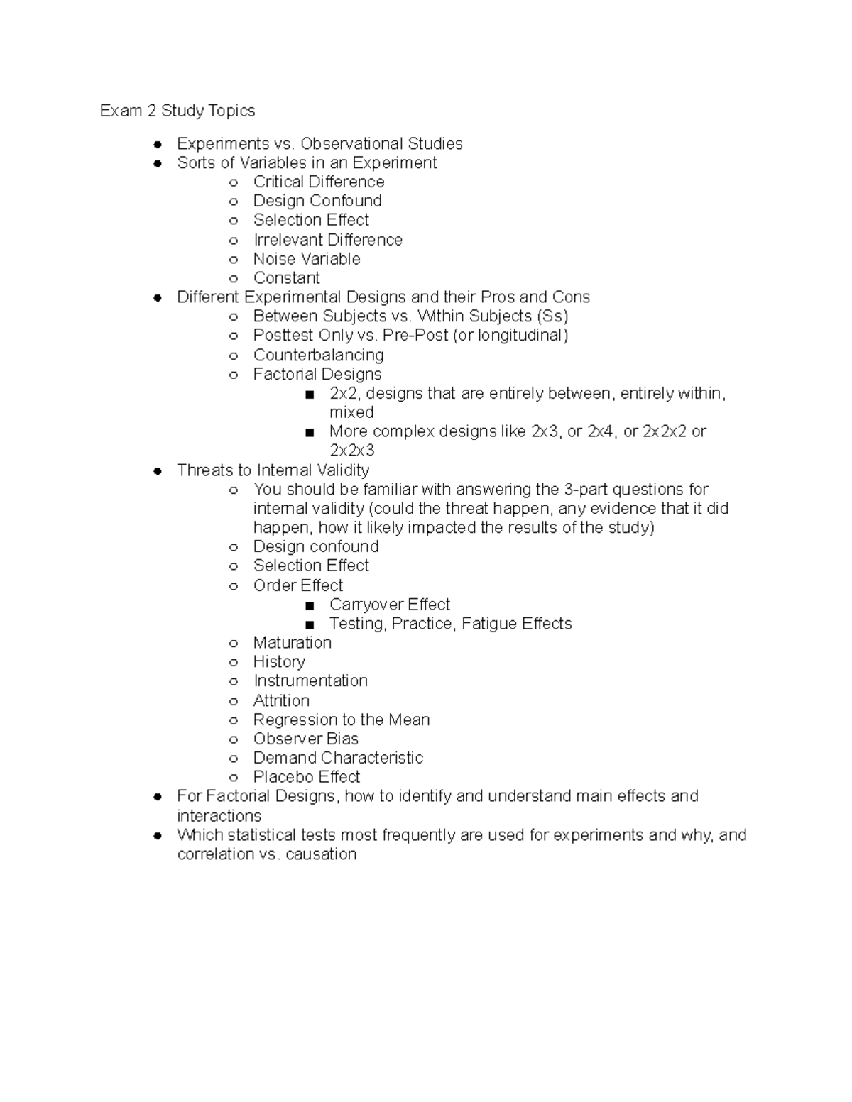 Exam 2 Study Topics - PSY 0036 Research Methods Lecture - Professor ...