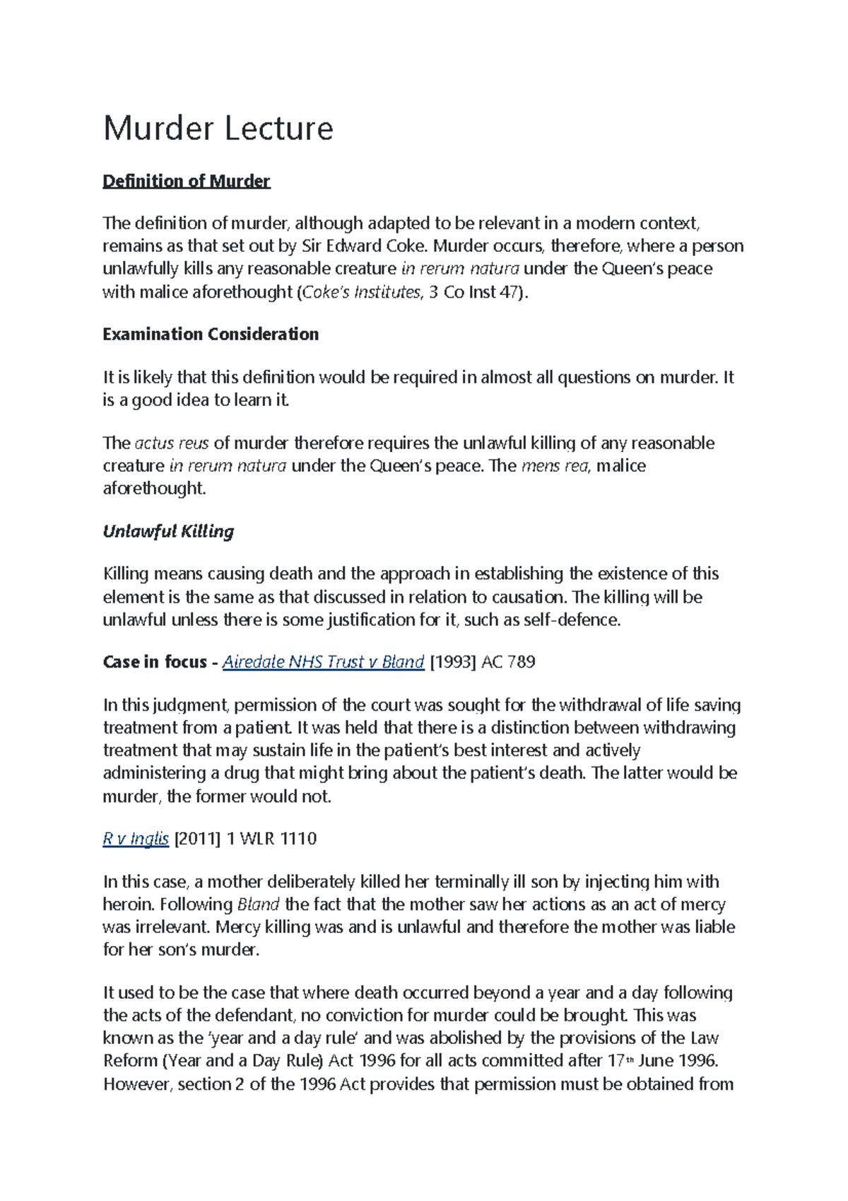 Lecture 4 - Murder - Murder Lecture Definition Of Murder The Definition ...