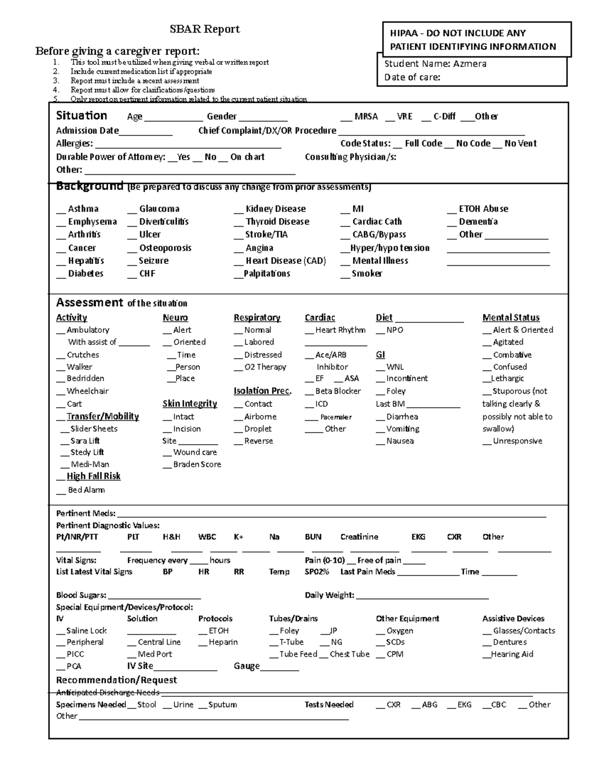 NURS 4670 SBAR 2023 for Clinical - SBAR Report Before giving a ...