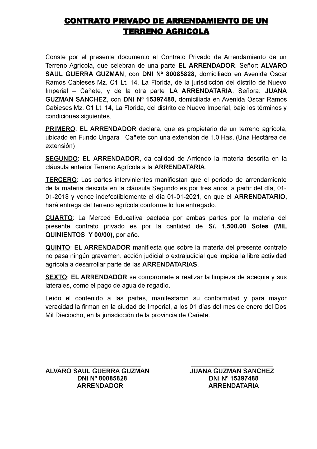 Contrato Privado DE Arrendamiento DE UN Terreno Agricola 2019 - CONTRATO  PRIVADO DE ARRENDAMIENTO DE - Studocu