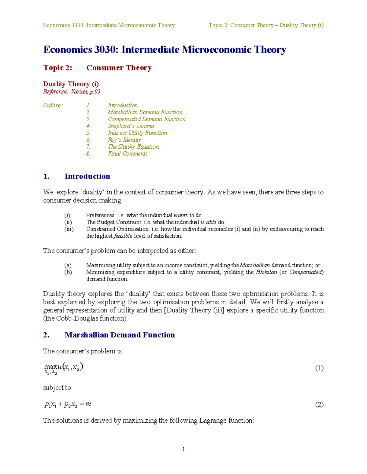 Duality (i) - Economics 3030: Intermediate Microeconomic Theory ...