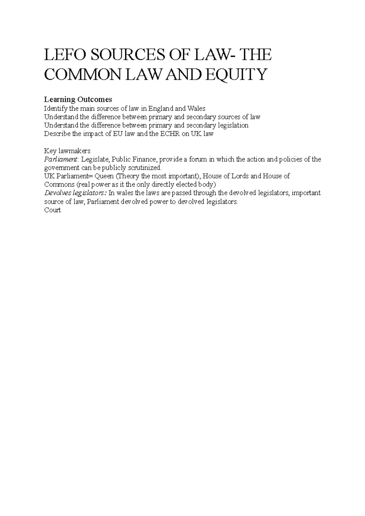 LEFO Sources OF LAW - Lecture notes 2 - CL900 - Cardiff - Studocu
