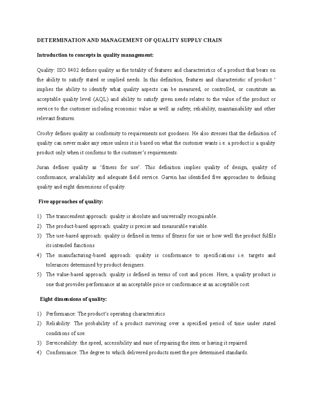 Determination AND Management OF Quality Supply Chain DETERMINATION