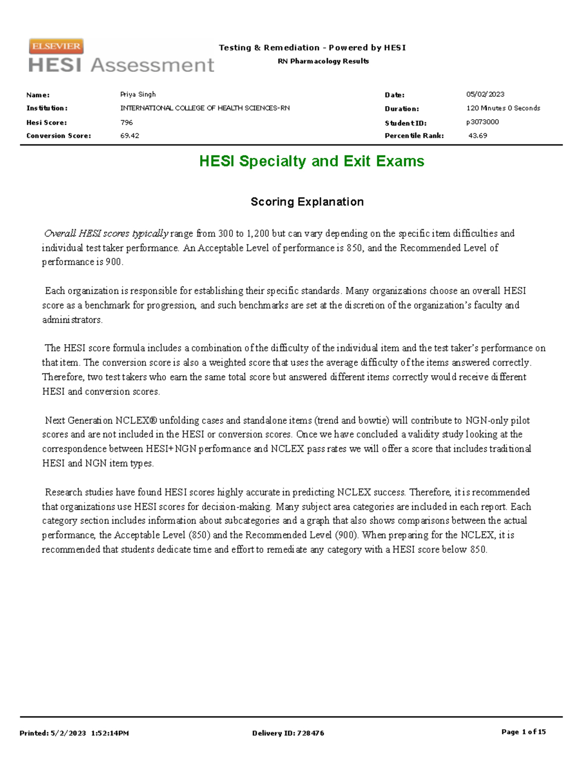 Hesi study RN Pharmacology Results Name Institution Priya Singh