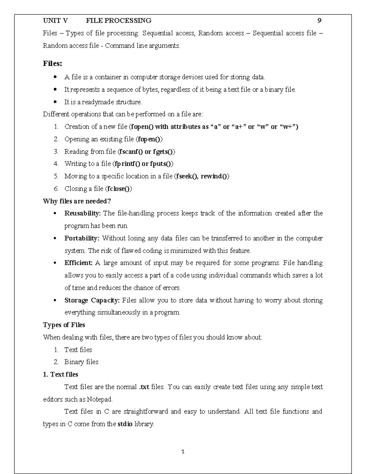 UNIT 5 - UNIT V FILE PROCESSING 9 Files – Types of file processing ...
