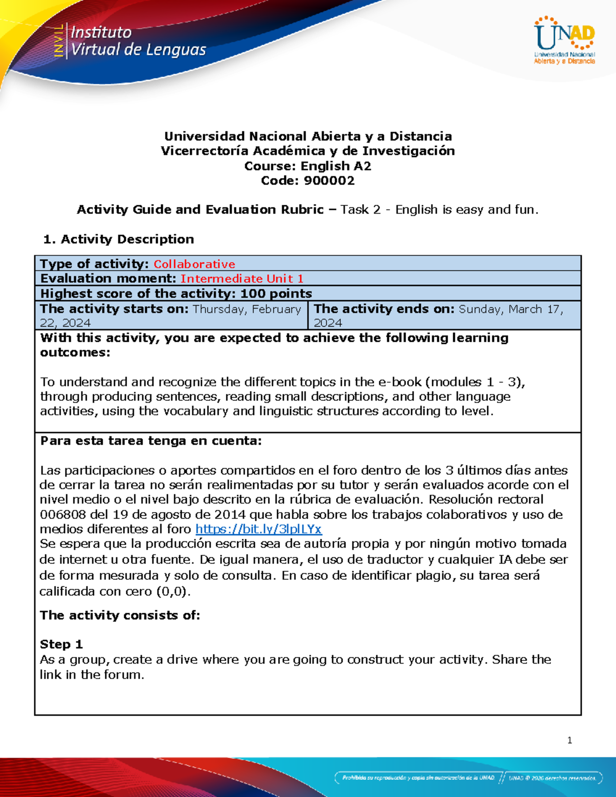 Activity Guide and Evaluation Rubric - Task 2 - English is easy and fun ...
